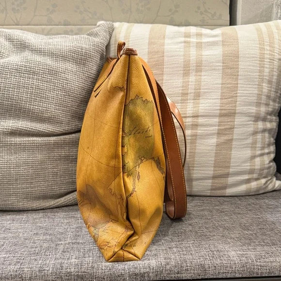 Alviero Martini Tan Map Print Shoulder Bag with Zipper Closure